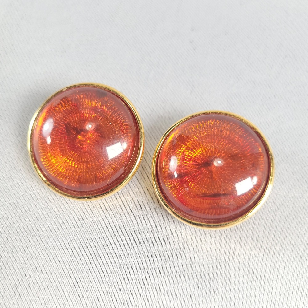 Joan Rivers Vintage Earrings Faux Amber Gold Tone Round Clip On Statement 1in